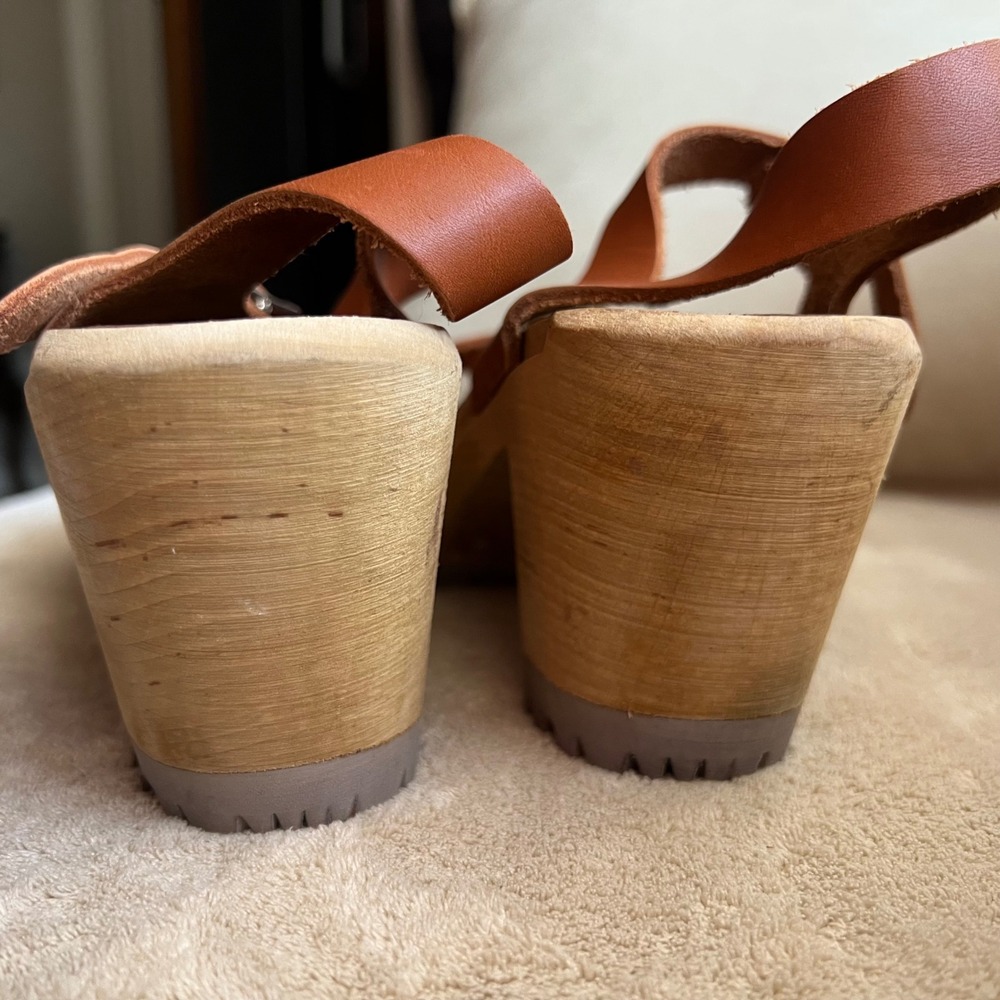 MIA Anja Women 7.5-8 EU 38 Tan Leather Clog Sandals Wooden Platform Ankle Strap - Picture 10 of 16